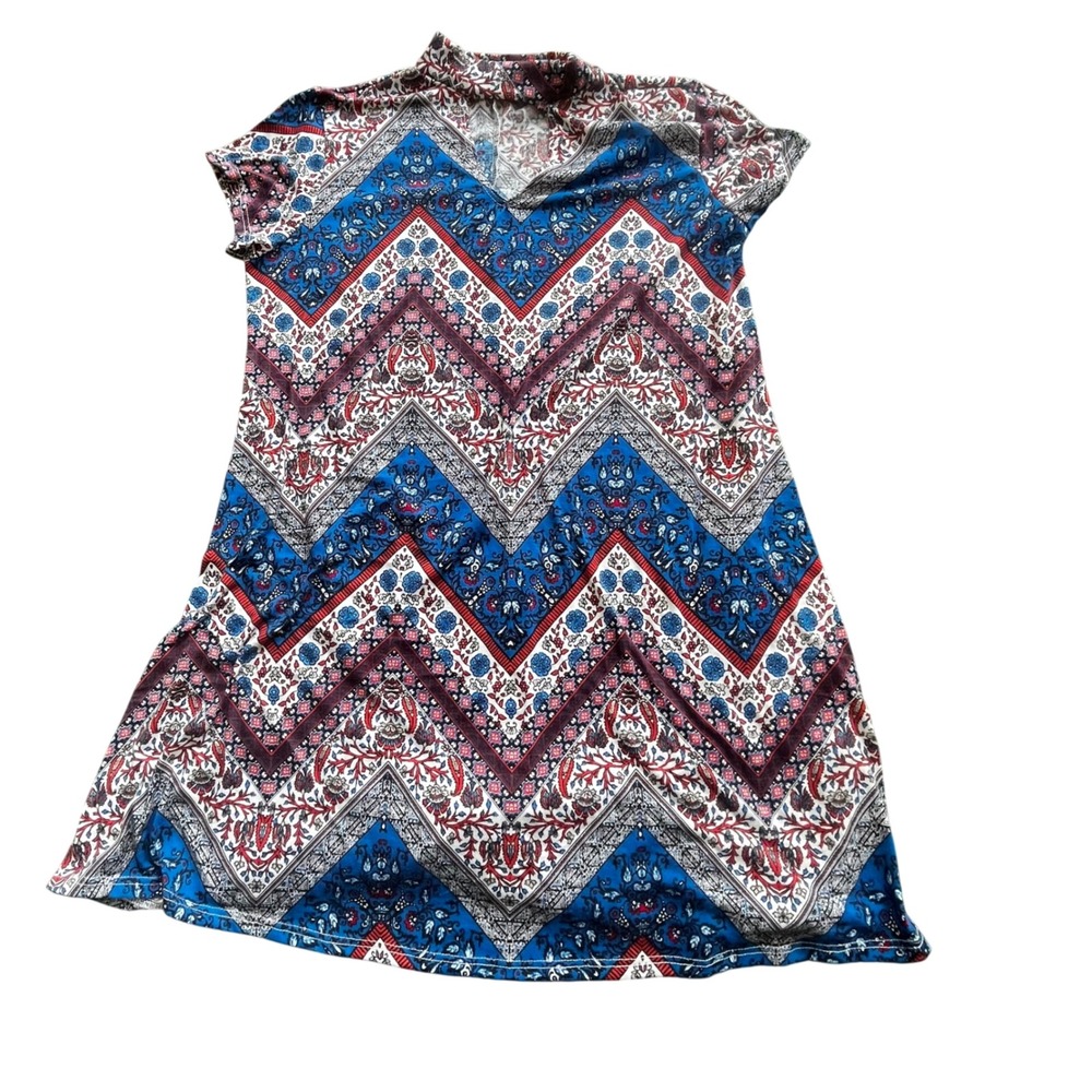 Boho Chevron Paisley Print Mock Neck V-Neck Mini Dress Blue Red Short Sleeve